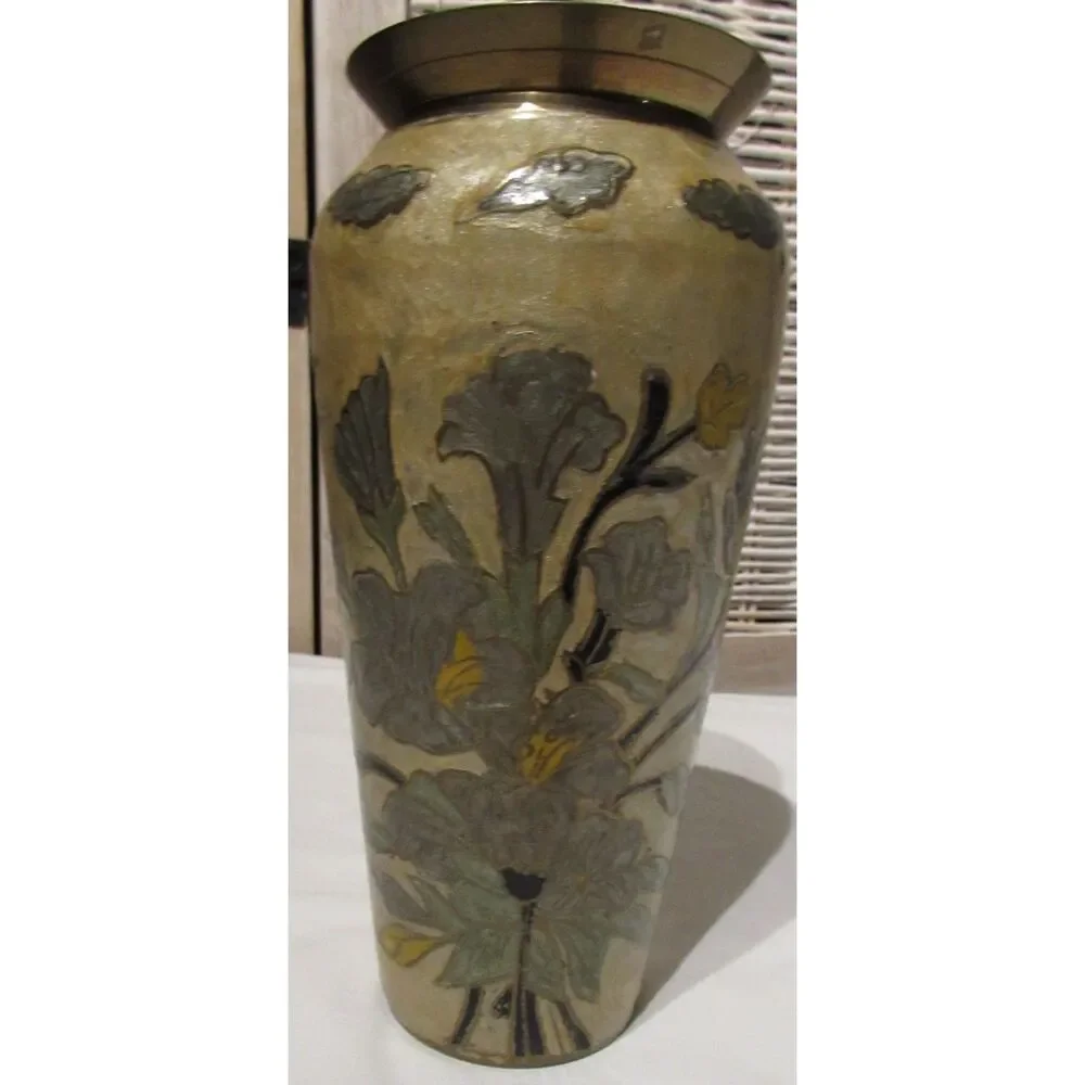 Vintage vase cloisonne enamel on copper floral design gold color flowers